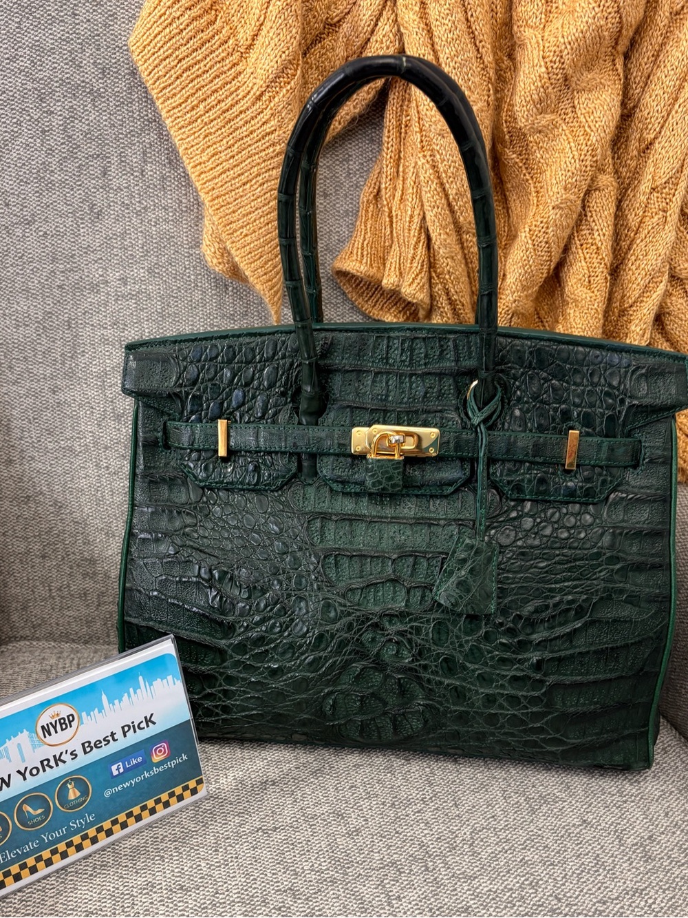 EiLeen KRAMER Handbag - Dark Green Croc-Embossed Tote Bag with Gold Hardware